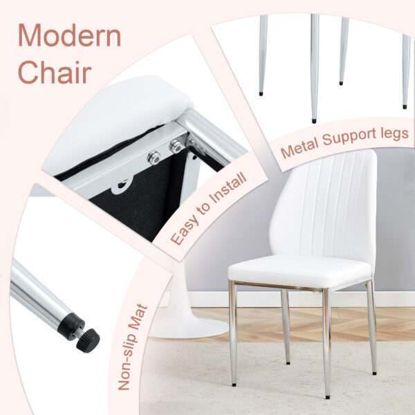 9e33e0b2983146e38a928ee6fcacdb58_47c94cf0e43c889d22f8225e0b641e77 Set of Four White PU Comfort Dining Chairs (17.7"x25").Dining chair with extended backrest,WHITE PU,Silver metal legs,Suitable for various places such as family restaurants, hotels, coffee shops,etc.