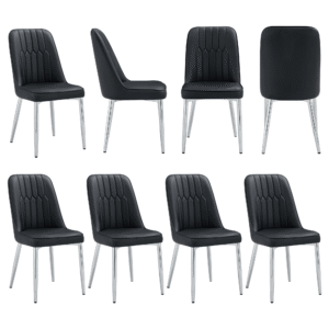 8 modern dining chairs, sleek PU backrest, and silver metal legs bring a comfortable home experience to the kitchen, bedroom, and office.Black PU Chairs with Simple Line Designs On The Backrest.