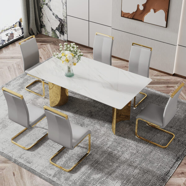 9e765fe45530492b847463c1bca9119a_20231122_9f2093c7c207ff9101859eb6ce8eed57 Modern minimalist dining table. The white imitation marble glass desktop is equipped with golden metal legs. Suitable for restaurants and living rooms 71 "* 39.3" * 29.5 "DT-69