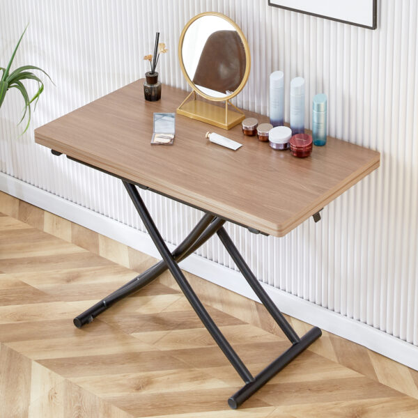 Modern minimalist multifunctional lifting table, with a 0.8-inch wood grain process sticker desktop and black metal legs, can be used as a dressing table, coffee table, dining table, and office table