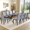 Table and chair set.79"x31.5" Inch Tempered Glass Tabletop With X-shaped Black Metal Table Legs,Wood Grain Textured MDF Crossbeam.Paired With 10 Light Gray Linen-Cotton Dining Chairs.
