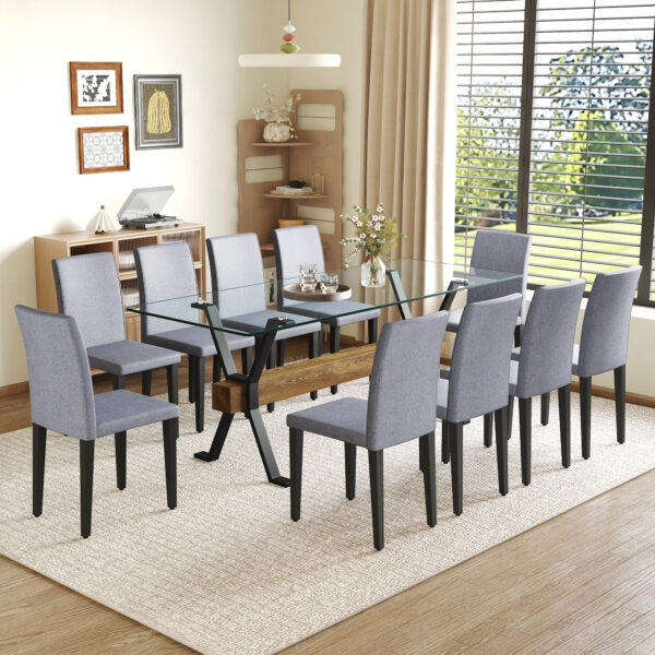 9ea5335fb31c49f3aa245d2c184cee34_675d5751085d1563a280d46c876ddac3 Table and chair set.79"x31.5" Inch Tempered Glass Tabletop With X-shaped Black Metal Table Legs,Wood Grain Textured MDF Crossbeam.Paired With 10 Light Gray Linen-Cotton Dining Chairs.