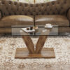 A modern minimalist style coffee table. Transparent tempered glass tabletop with wooden MDF columns. Suitable for living room and dining room.  CT-V