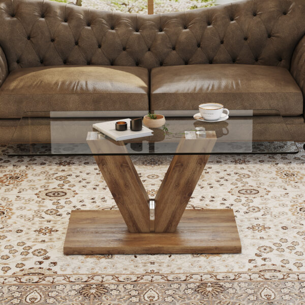 9ea8ba4cd2f24a298317241f30f18943_20240321_9ed3e5b581a7ebf451018b76e4c329ce A modern minimalist style coffee table. Transparent tempered glass tabletop with wooden MDF columns. Suitable for living room and dining room. CT-V