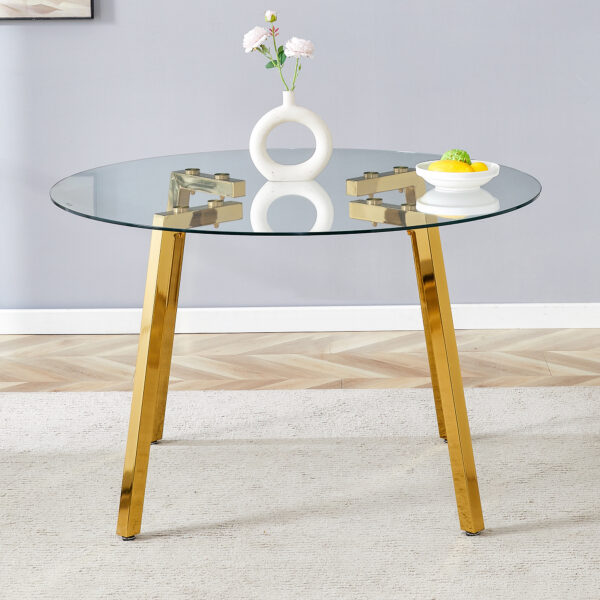 9eabbfdd8a9f485cbde7242e8577efd5_a1bff747417d42e2775d929484d5a927 Modern Luxurious Round Tempered Glass Dining Table with Gold 7-Shaped Metal Legs,suitable for family meals, office conferences, or as a casual coffee table for various occasions.47.3*47.3*29.5