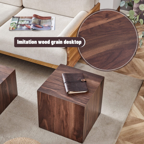 9ebe44f9571f47c3b3f624e13eae7725_2b77f1d00c0b2512d116acb3e32827ab 16*16*16 Inch Walnut Wood Grain MDF Coffee Table - Luxurious Design, Perfect Living Room Accent.Cube fashion texture design coffee table, suitable for various situations and scenes.