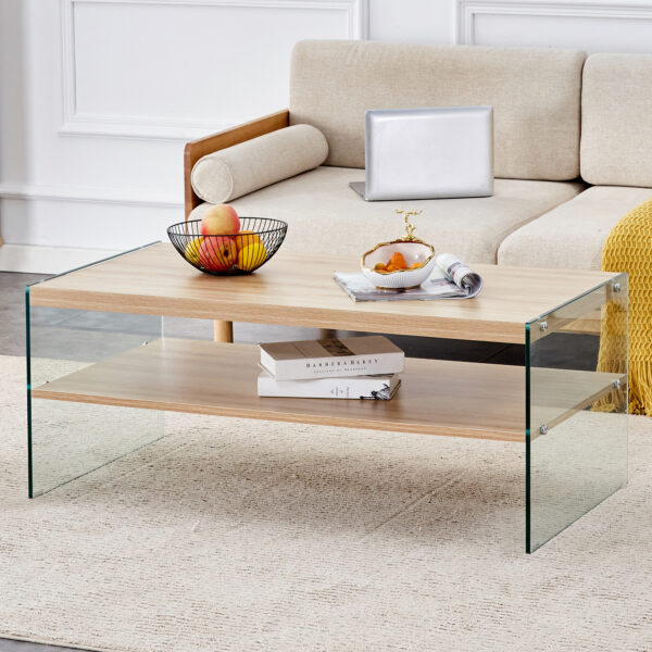 Double layered rectangular coffee table.The board is made of MDF with wooden stickers, with transparent tempered glass on both side.Suitable for various occasions such as living rooms and bedrooms.