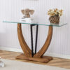 Modern minimalist rectangular glass table with 0.39 "tempered glass top and MDF wood grain sticker legs, suitable for entrance and living room.