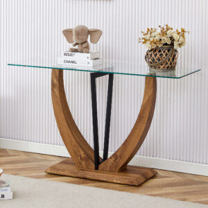 Modern minimalist rectangular glass table with 0.39 "tempered glass top and MDF wood grain sticker legs, suitable for entrance and living room.