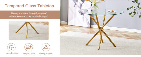 9ee76792fa6d482b9c66843581937e31_45c55cf6683a2d64b7960ca144644406 Round clear glass dining table with a unique shape for 4-6 people, with ring-shaped gathered gold metal legs, suitable for desks, kitchens, terraces, dining rooms.