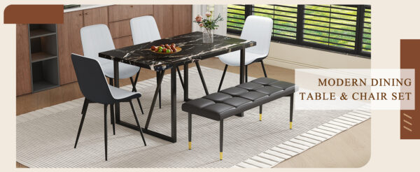 9f42933641ea497491d5ea2c0b966413_40c79749a32d1b5413148055b19685bb Table and chair set.Modern Black Marble Pattern MDF Dining Table Set - 55"x31.4" with 4 Extended Seat Cushion PU Dining Chairs and 1 Bench,A Choice of Subtle Luxury for Modern Homes.