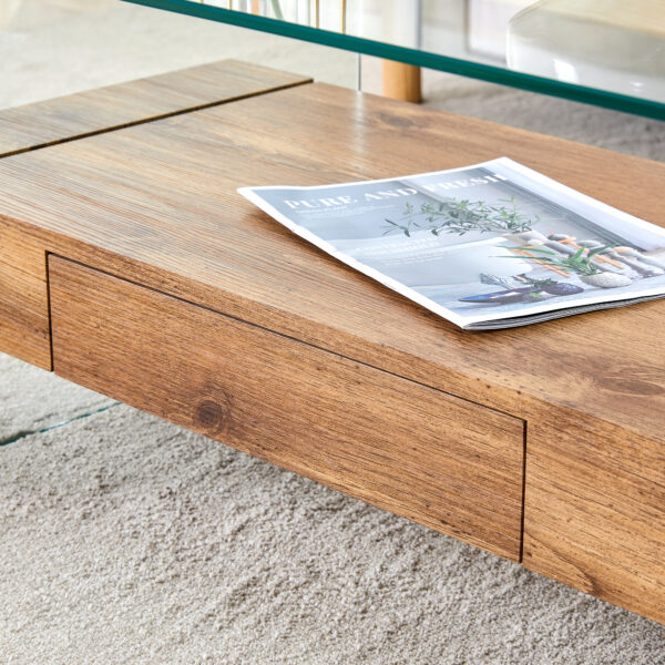 9f461826375e4b129fc489aff23a9c19_fdfbeea2d6b7989cc0df3294e1c4d0bb 43.3 Inch Modern Two-Tier Coffee Table - Clear Tempered Glass and Natural Wood Grain, Multifunctional Storage Design.The bottom tier includes a drawer.Can be used as a coffee table,side table,etc.