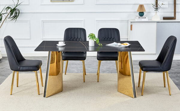 9f61c65d0f074499a07caf87e2726a8b_1de50babcc718ddab9872de91b687139 Table and chair set.63"x31.5x30"Black Texture With Lines Patterned Sintered Stone Table with Golden Stainless Steel Legs.Paried With 4 Black PU Chairs with Simple Line Designs On The Backrest.
