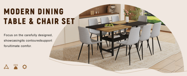 Table and chair set.71*35.4 inch Wooden And Black Spliced Dining Table With Storage Function In The Middle Of The Table Legs.Paired With 8 Light Gray Linen Dining Chairs With Curved Widened Cushion.