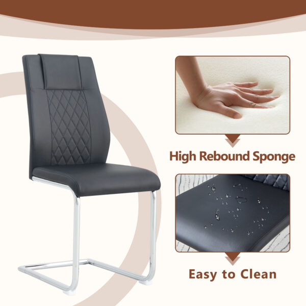 9f7ceef2c1b14068b6a617d3c44414b8_d89e654652c0900bac10e6ecaf2d96f6 Table and chair set.63"x31.5x30" Luxurious Snow Mountain Patterned Sintered Stone Table with Silver Stainless Steel Butterfly Legs.Paried With 6 Black High-quality PU Chairs With Arched Metal Legs.