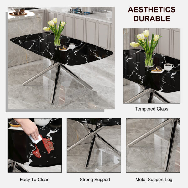 9f8068d24e984b1b884e65f9d9be1cb2_342fc83337dba5016c193122cfe25b92 Large modern minimalist rectangular dining table with 0.39 "imitation marble black tabletop and silver metal legs, suitable for kitchen, dining room, living room, conference room.W1151S00985