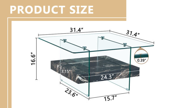 9f94a13f8c5646b288a2af9ddad72a41_898c4f390a82755ebb004af8f62927c3 31.4 Inch Modern Two-Tier Square Coffee Table - An Elegant Combination of Clear Glass and Black Marble Pattern Sticker.It can be used as a coffee table,a side table or a display stand.