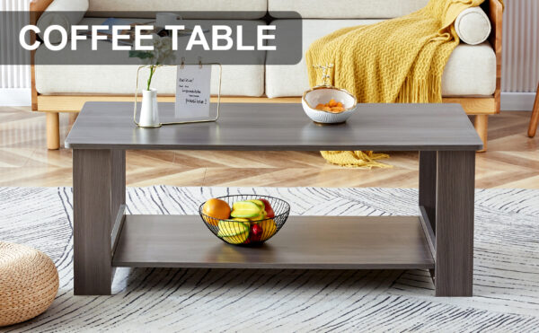 9f968de5b0894bcdabeb10f8afd2ee40_20231011_71142cbb19f28c9888902d11c02feabe A modern and practical gray textured coffee table,tea table.Double layered coffee table made of MDF material,. Suitable for living room,bedroom and study room. 43.3"*21.6"*16.5" CT-16
