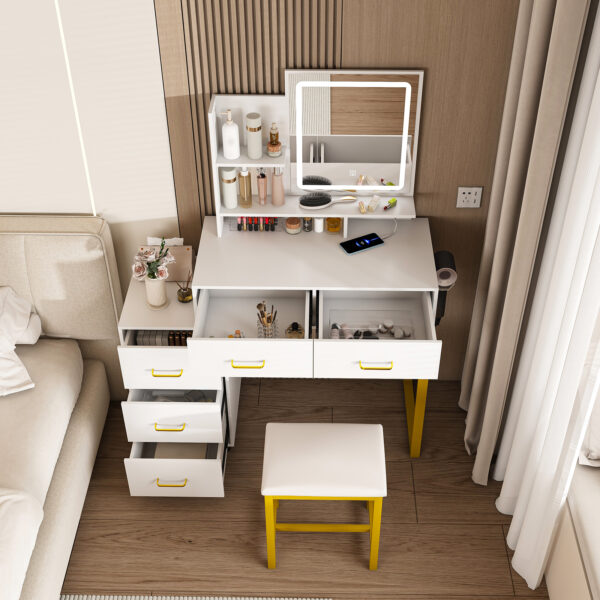 9f990abc08cd43b2bf861c0855868632_8f0224210b3c34a3699725e772762c3b Makeup Vanity with LED Lights&3 Color and Power Outlet Makeup Vanity Table with 5 Drawers with Sturdy Metal Leg and Metal Chair Dressing Table for Bedroom Dressing Room (White)