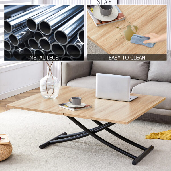 Modern minimalist multifunctional lift table with 0.8-inch MFC tabletop and black metal legs, can be used as dressing table, coffee table, dining table, and office desk.  LT-10055
