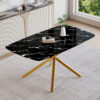 63"x35.4" Luxurious Black Marble-Patterned Tempered Glass Dining Table.Single Fork Golden Metal Table Legs.Tempered Glass Table Top,Golden Metal Leg.Make it Adaptable To Various Decoration Styles.