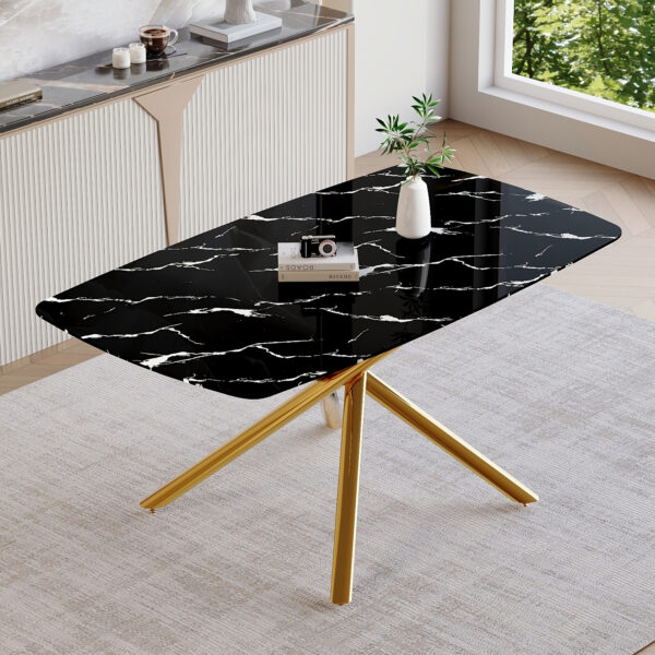 9fc2bd2d5f714ebc95f6f32561ca3cc9_6c05ac821abfe59be92f416a7e3e9fd4 63"x35.4" Luxurious Black Marble-Patterned Tempered Glass Dining Table.Single Fork Golden Metal Table Legs.Tempered Glass Table Top,Golden Metal Leg.Make it Adaptable To Various Decoration Styles.