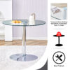 A 35-inch diameter glass top and a modern, minimalist round dining table with silver metal legs. Ideal for dining rooms, living rooms and meeting rooms.