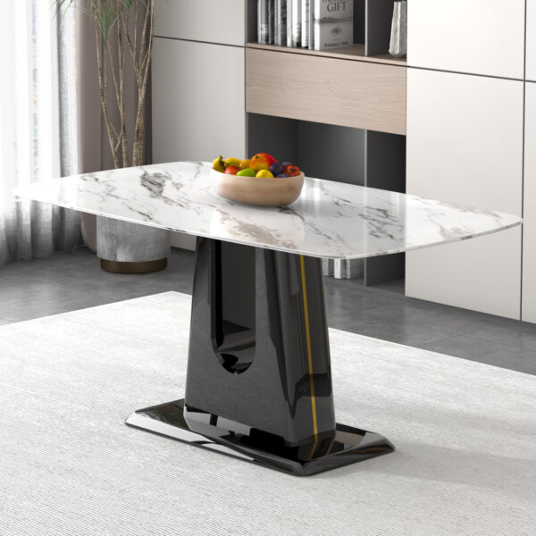 A modern, minimalist, and luxurious dining table with a white imitation marble tabletop and MDF legs with U-shaped brackets. Tables in restaurants and living rooms 63"*35.4"*30  F-U