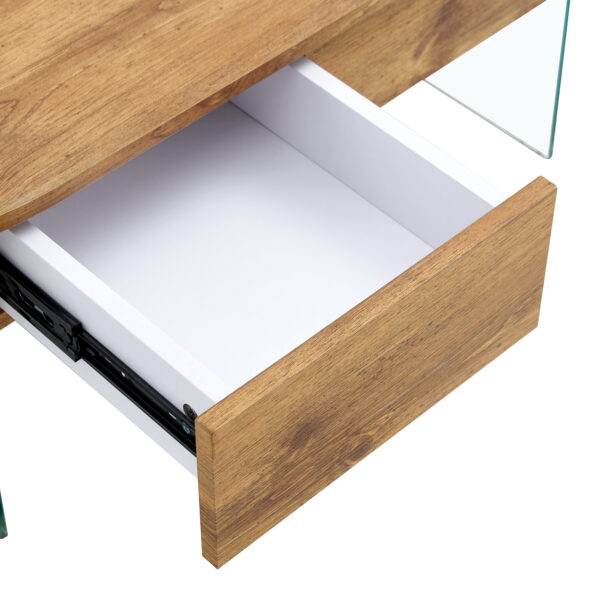 9fee4082eab945b38f96add6bb35c470_4cfb1b78835e6859d946585024dc91a7 Coffee table with double drawers. The board surface is MDF sticker, and both sides are transparent tempered glass. The design is simple and elegant, with excellent storage functions.
