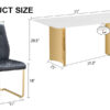 Table and chair set.The table has a glass tabletop with imitation marble pattern stickers and stainless steel golden table legs. Paried with comfortable chairs with PU seats and metal legs.