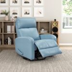 Blue leather glider recliner chair with swivel motion in a cozy living room setting