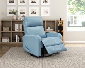 Blue leather glider recliner chair with swivel motion in a cozy living room setting