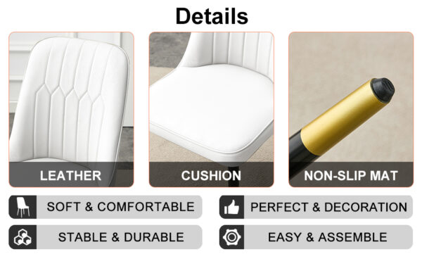 a02b22998e2e430b9aab9fe0b44ed8a9_9be569e03ab30f2b4f3d3e2747beb4d6 Table and chair set.The table has a glass top with imitation marble pattern stickers and stainless steel golden legs. Paried with chairs with PU artificial leather backrest cushions and black legs.