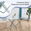 Table and chair set.71''*35.4'' Inch Modern Luxurious Transparent Tempered Glass Dining Table Set with 6 Chairs.Double Fork Silver Metal Table Legs.Black High-quality PU Dining Chairs.