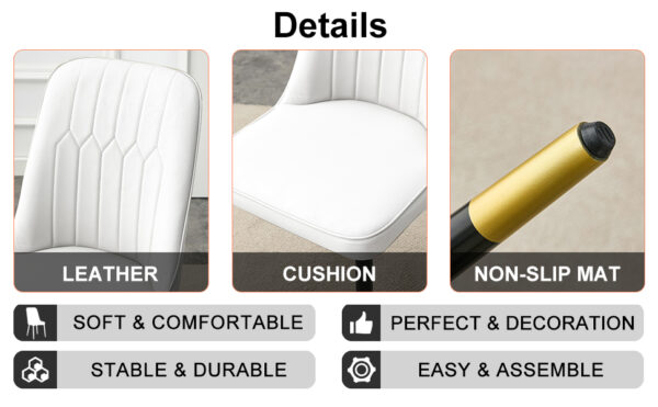 Table and chair set, round table with white marble pattern, gold MDF table legs, soft and comfortable dining chair, suitable for kitchen and living room