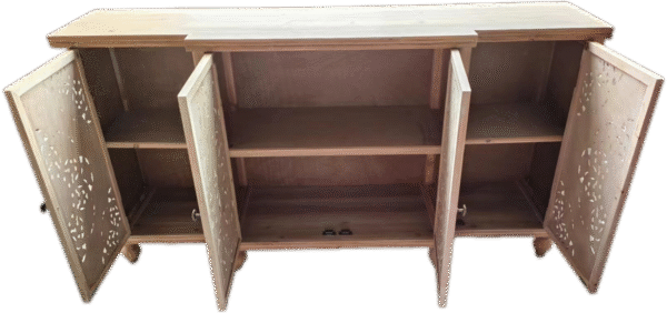 4-Door Hollow-Carved Accent Cabinet, Distressed Wood Storage Cabinet Cupboard with adjustable shelves,unique design for Kitchen, Dining Room, Living Room, Entryway, Natural wood