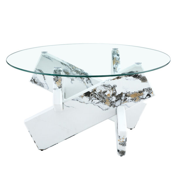 a0856c6edc694581959061508ba111d2_95d3baf0601ca11a1303660c1cd149a1 Round glass coffee table, 33.4 "modern design unique coffee table. Tempered glass countertop with white patterned MDF legs. Suitable for living and dining rooms