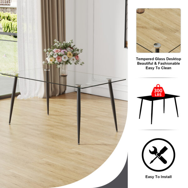 Modern minimalist rectangular transparent tempered glass dining table, 0.4 inches thick, black metal legs, suitable for kitchen, dining room, and living room 63 "* 35.4" * 30 " DT-1544