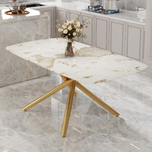 Large modern minimalist rectangular dining table with 0.39 "imitation marble tabletop and golden metal legs, suitable for kitchen, dining room, living room, conference room, and banquet hall 1537