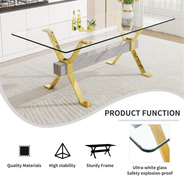 a0b834f82b76461fa5394cda21cf0ffc_20230821_922eb6fb33a0f9071b8b55330b496539 Dining table. Modern tempered glass dining table. Large modern office desk with gold plated metal legs and MDF crossbars, suitable for both home and office use. Kitchen. 79 ''x39''x30 '' 1105
