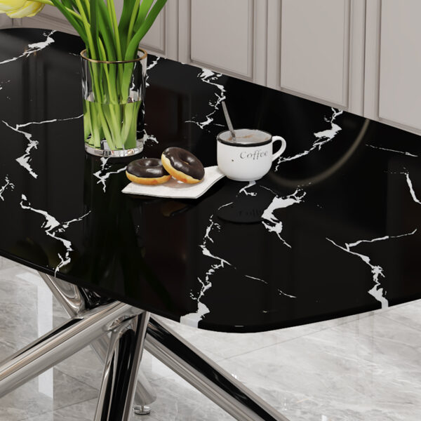 a0bc512366274d1d9c42433ee74989f7_c86f193a8cd838762d9dc06aa9b1e613 Large modern minimalist rectangular dining table with 0.39 "imitation marble black tabletop and silver metal legs, suitable for kitchen, dining room, living room, conference room.W1151S00985