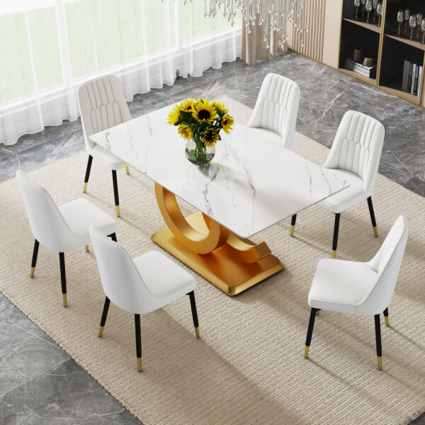 a0cf9b7fd81c49d4bd0b3206b2761794_20240306_372f9d356ef7da9f72385a2c83057c06 A large modern minimalist rectangular dining table suitable for 6-8 people, A set of 6-piece PU leather backrest and black metal legs modern dining chairs. F-OC C-007