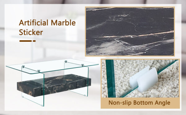 a0d37407bde8465fa29a8d01841d4d76_6e07f761430699c7df33830f779b2c39 43.3 Inch Modern Two-Tier Coffee Table - Clear Tempered Glass and Black Marble Texture, Multifunctional Storage Design.The bottom tier includes a drawer.Can be used as a coffee table,side table,etc.