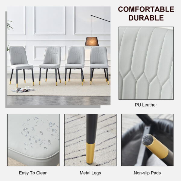 a10774f49dc847958112a10454f9efe5_1894f0452b0533779c499c547f52ba41 Table and chair set.The table has a glass top with imitation marble pattern stickers and stainless steel golden legs. Paried with chairs with PU artificial leather backrest cushions and black legs.