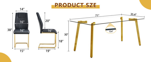 a109c8d52e01468fb3fc0f4d82b2b011_c4a943f9453143ec85fe98298f73cfab Table and chair set.71 * 35.4 inch rectangular dining table.Tempered Glass Tabletop,Golden 7-shaped Metal Table Legs.Paried With 6 Black High-quality PU Chairs With Arched Metal Legs.W1151S03301