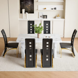 Table and chair set.63"*35.4" White Imitation Marble Pattern MDF Dining Table Set - 6 PU Chair With Black Saddleback, Geometric Pattern Backrest,Golen Curved Metal Leg..Suitable For Various Scenes.