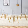 Transparent and stylish ergonomic dining chair unlocks a new experience of lightweight fashion, comfort, and stability. Transparent seat cushion, golden metal legs. One box of three.