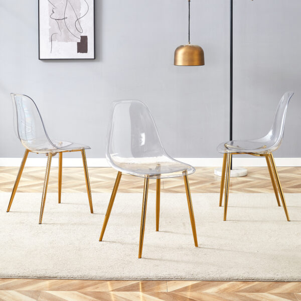 a15d7b8bae6941c0acb9c68f2b8fd25a_a3dce8a914c7fcacae97583f55baeaee Transparent and stylish ergonomic dining chair unlocks a new experience of lightweight fashion, comfort, and stability. Transparent seat cushion, golden metal legs. One box of three.