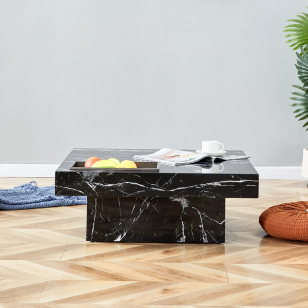 A modern and practical coffee table made of MDF material with black patterns. The fusion of elegance and natural fashion  31.4"*31.4"*12"