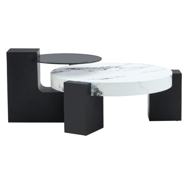 a162c1eba77647079b7caac6b264c1fe_6992de4744a14654f9409a14c15eff52 Modern Simple Double-Layer Round Coffee Table - Transparent Gray Glass Top with Black MDF L-Shaped Legs.The detachable design can make the use of space more flexible.
